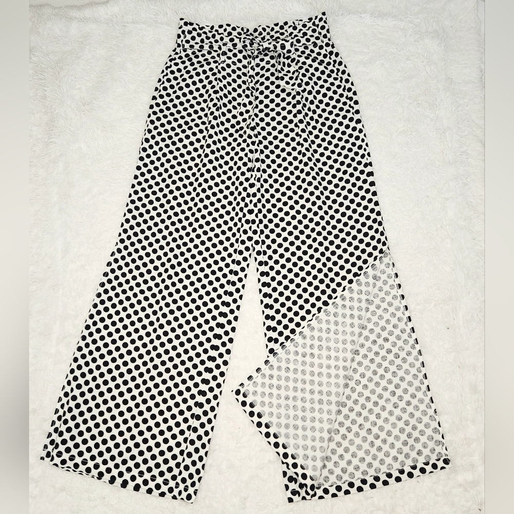 Rewash Linen Blend Paper Bag Wide Split Leg Polka Dot Pant White Black Womens XS